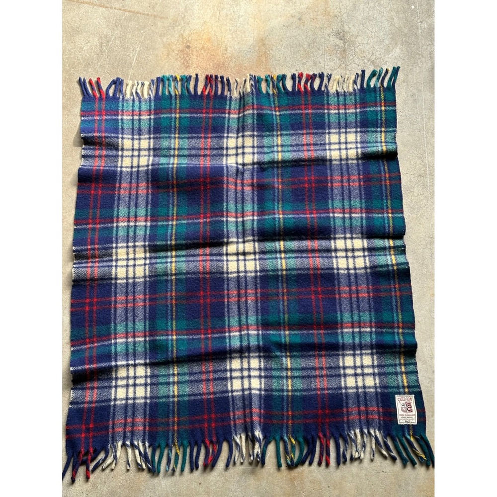 Vintage Curvon Jewel 100% Wool Plaid Throw Blanket England Navy Green 32x39